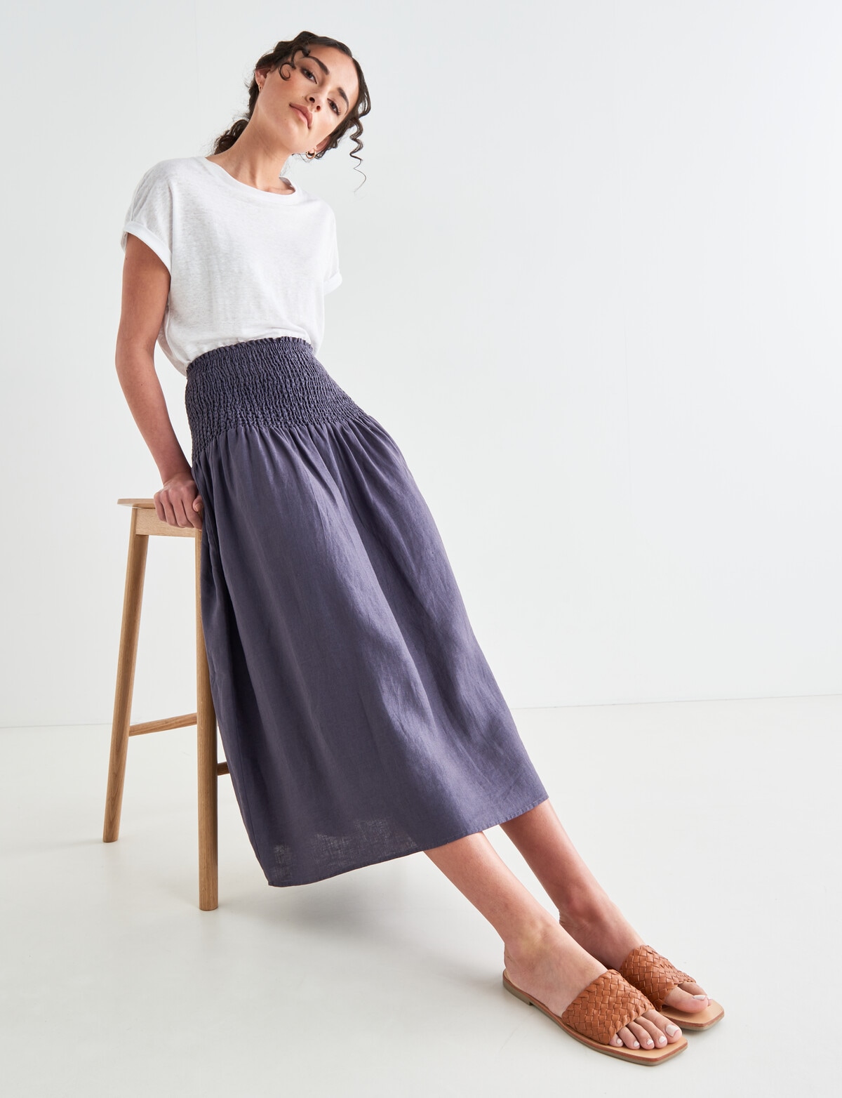 Zest Linen Shirred Waist Skirt, Ironsand - Skirts