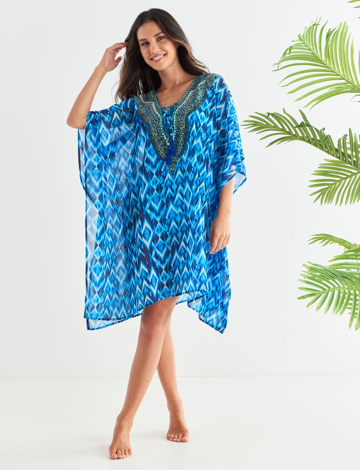 Zest Resort Ikat Print Bejewelled Kaftan, Blue - Swimwear
