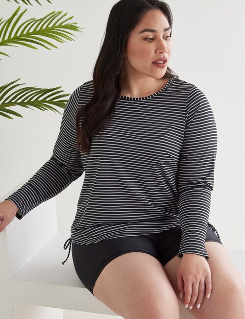 Zest Resort Curve Stripe Long Sleeve Ruched Side Swim Tee, Black & White product photo View 04 L