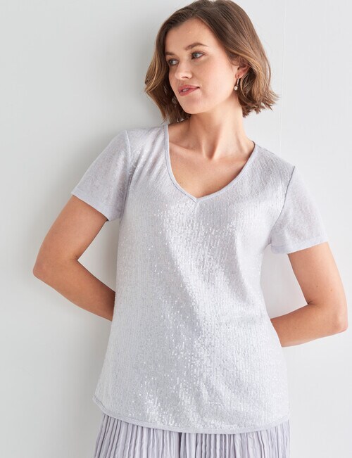 Jigsaw Sequin Front Tee, Silver Tops