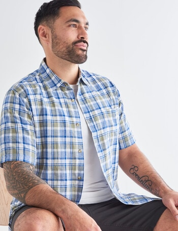Kauri Trail Linen Blend Check Short Sleeve Shirt, Blue & Khaki product photo