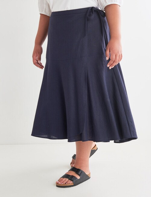 Studio Curve Linen Blend Wrap Midi Skirt, Navy - Dresses & Skirts