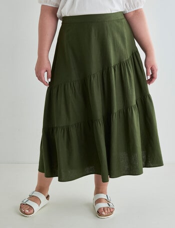 Studio Curve Linen Blend Midi Tiered Skirt, Khaki product photo