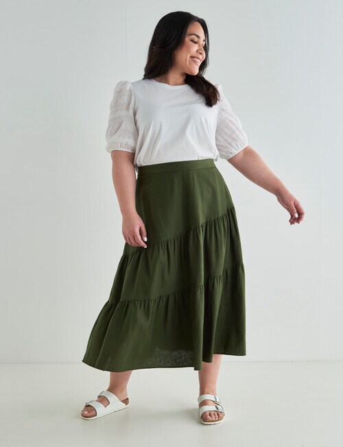 Studio Curve Linen Blend Midi Tiered Skirt, Khaki - Dresses & Skirts