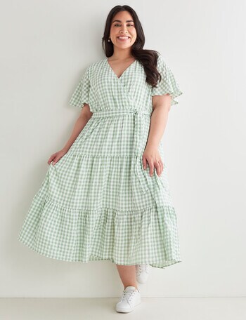 Studio Curve Gingham Tiered Wrap Dress, Green product photo