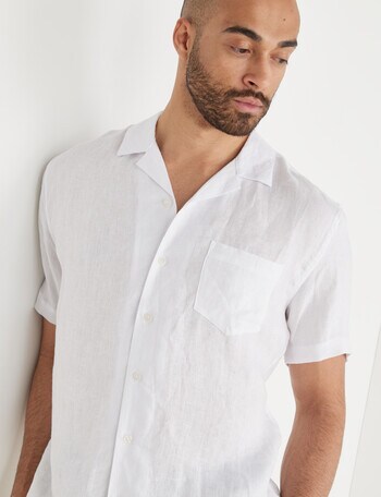 L+L Linen Short Sleeve Revere Collar Shirt, White product photo