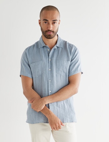 L+L Linen Short Sleeve Revere Collar Shirt, Blue product photo