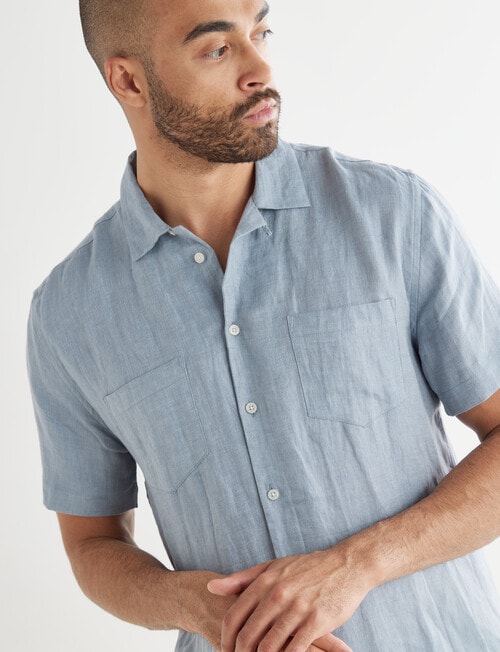 L+L Linen Short Sleeve Revere Collar Shirt, Blue - Casual Shirts