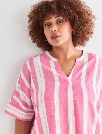 Studio Curve Stripe Linen Blend V-neck Top, Pink product photo