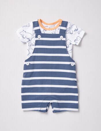 Teeny Weeny Frogs Go Ribbit Terry Striped Shortall & Bodysuit Set, Blue product photo