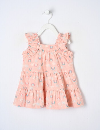 Teeny Weeny Rainbow & Palm Linen Blend Dress Tiered Frill Sleeve, Pink product photo