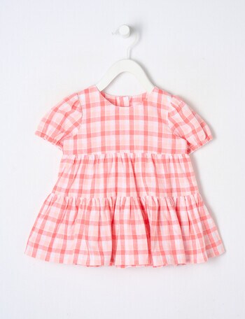 Teeny Weeny Check Linen Blend Dress Tiered Puff Sleeve, Pink product photo