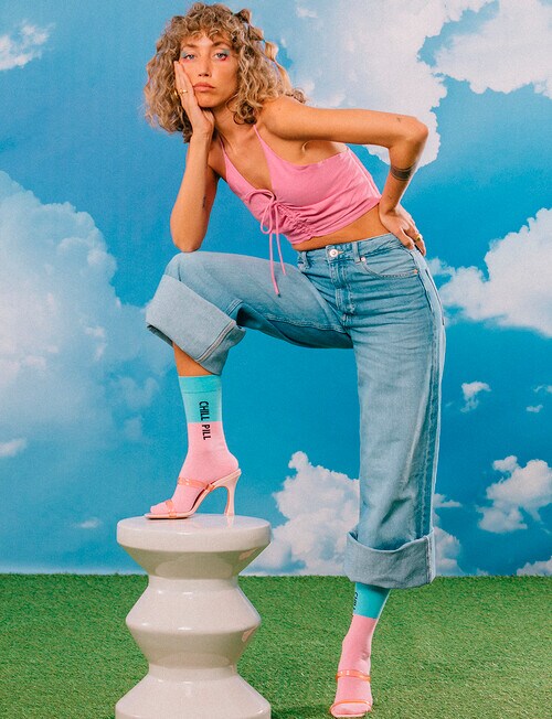 Eat My Socks Chill Pill Sock, Blue & Pink product photo View 05 L