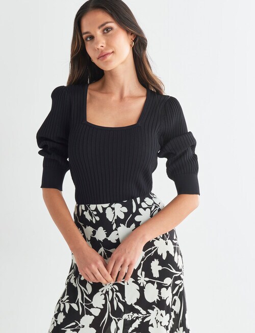 Whistle Puff Sleeve Rib Knit Top, Black product photo