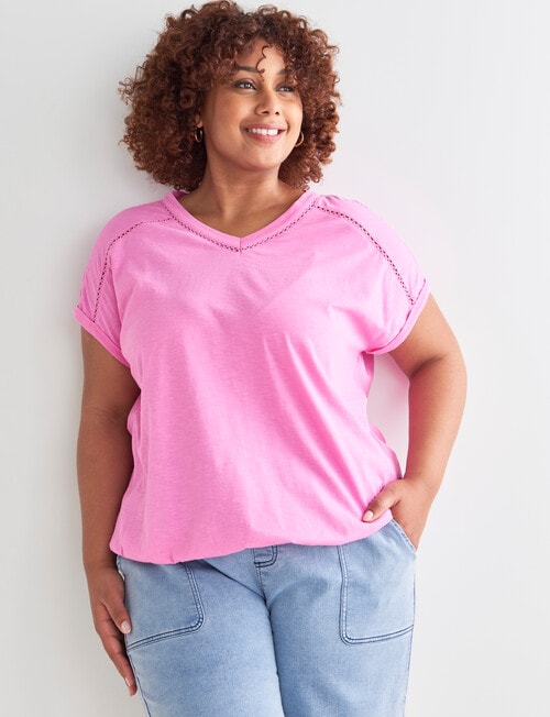 Studio Curve Lace Insert Tee, Carnation Pink - Tops