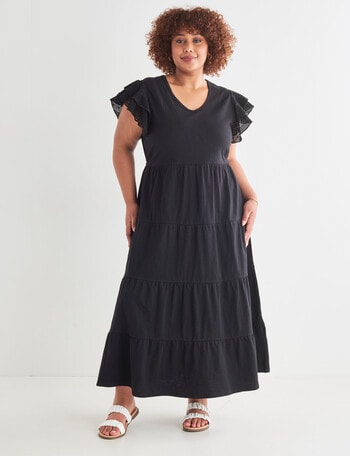 Studio Curve Knit Maxi Dress With Broderie Sleeves, Black product photo