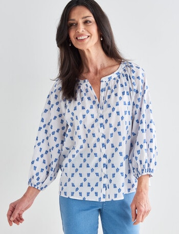 Ella J Embroidered Shirt, Blue & White product photo