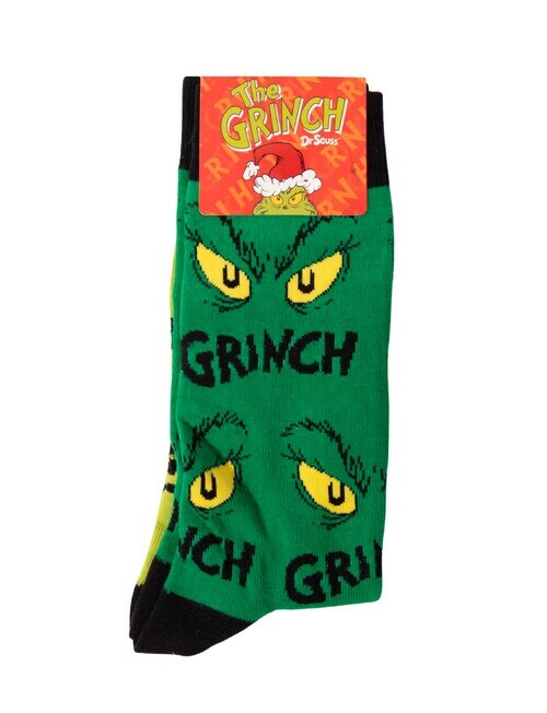 Licensed Christmas Grinch Eyes Cotton Crew Sock, Green Socks