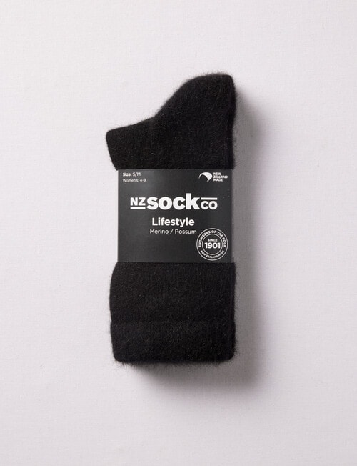 NZ Sock Co. Possum Merino Crew Sock, Black, 4-9 product photo View 02 L
