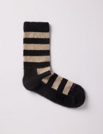 NZ Sock Co. Stripes Possum Merino Crew Sock, Black & Natural, 4-9 product photo