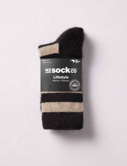NZ Sock Co. Stripes Possum Merino Crew Sock, Black & Natural, 4-9 product photo View 02 L