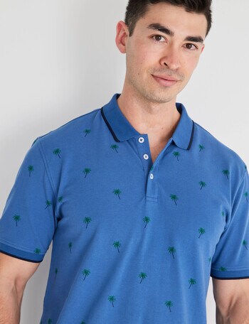 Gasoline Palms Pique Polo Shirt, Blue product photo