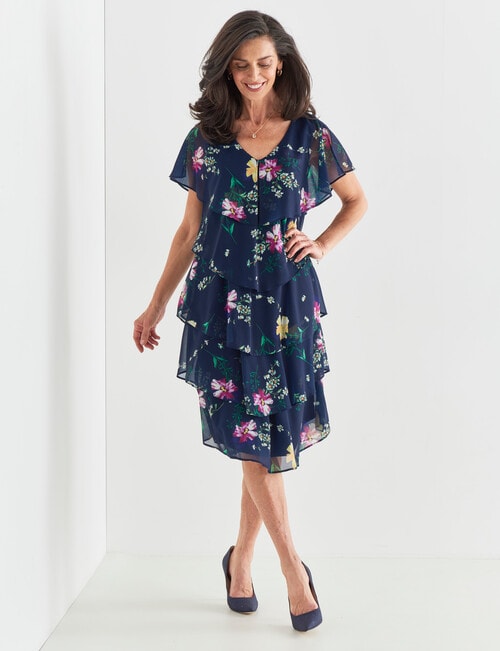 Ella J Botanical Layered Dress, Navy - Dresses