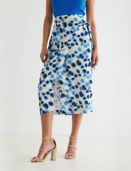 Whistle Printed Tie Side Wrap Skirt, Azure product photo View 03 L