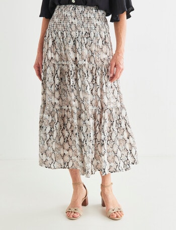 Ella J Snake Print Shirred Waist Tiered Skirt, White product photo