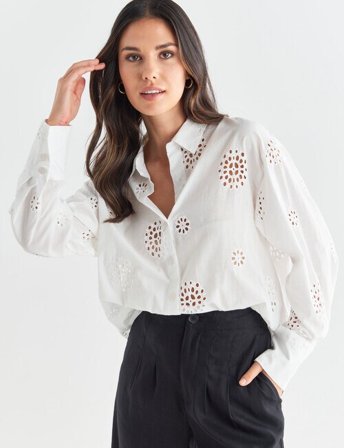 Whistle Three-Quarter Sleeve Embroidered Cotton Shirt, Ivory - Tops