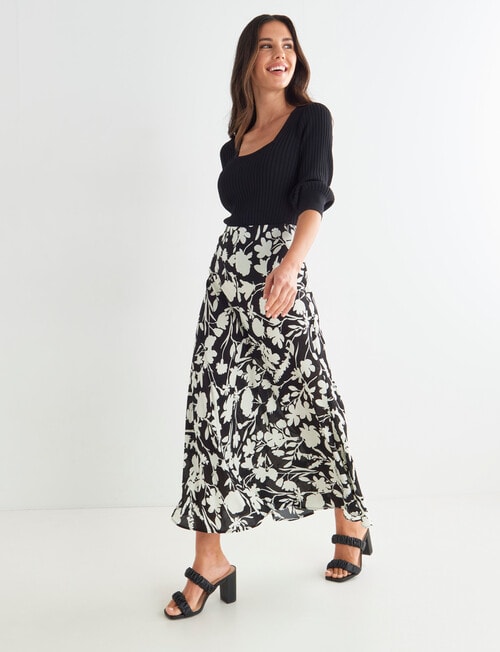 Whistle Floral Fit and Flare Midi Skirt Black & White product photo View 03 L
