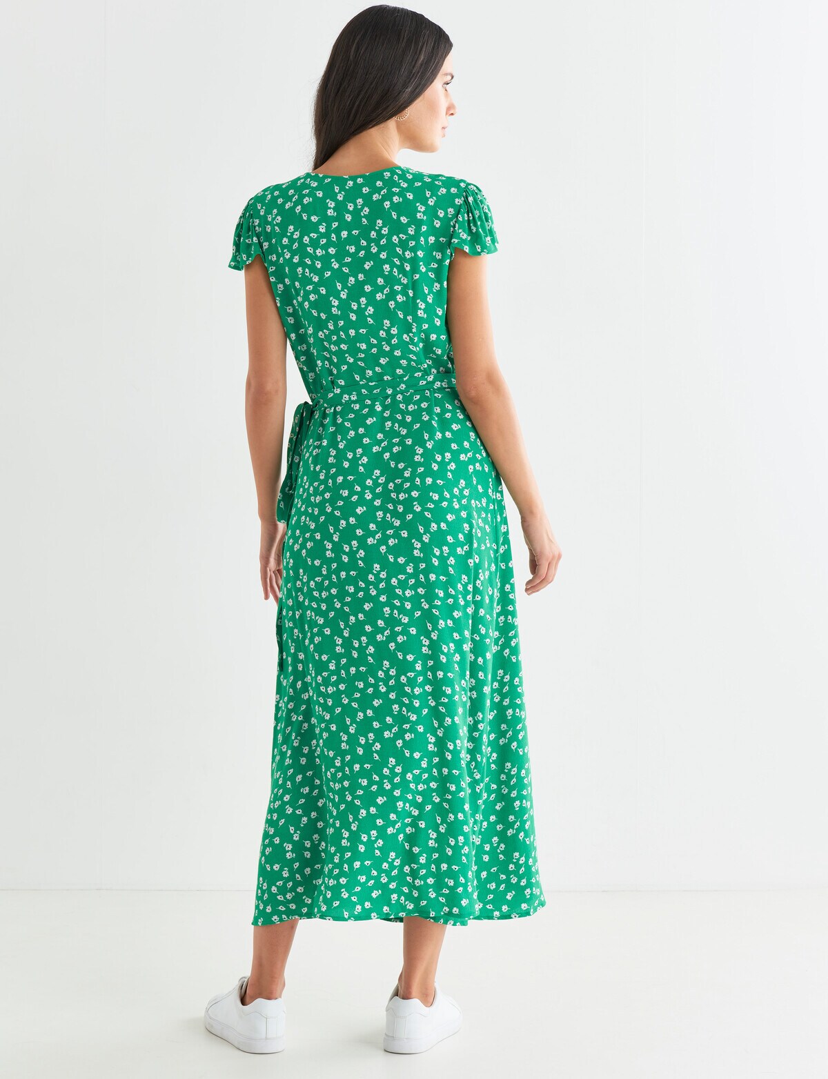 Whistle Leaf Print Cap Sleeve Wrap Dress, Green Dresses