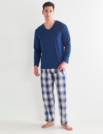 Mazzoni Long Sleeve V-Neck Tee & Check Pant PJ Set, White, Navy & Yellow product photo