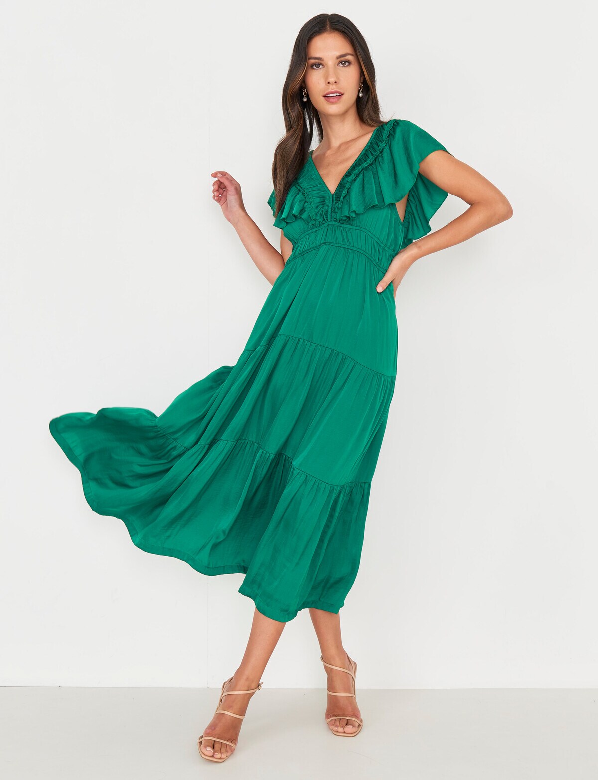 Whistle V-Neck Frill Dress, Deep Green - Dresses