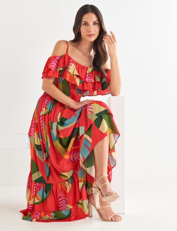 Whistle Tropical Leaf Shirred Waist Maxi Dress, Red product photo