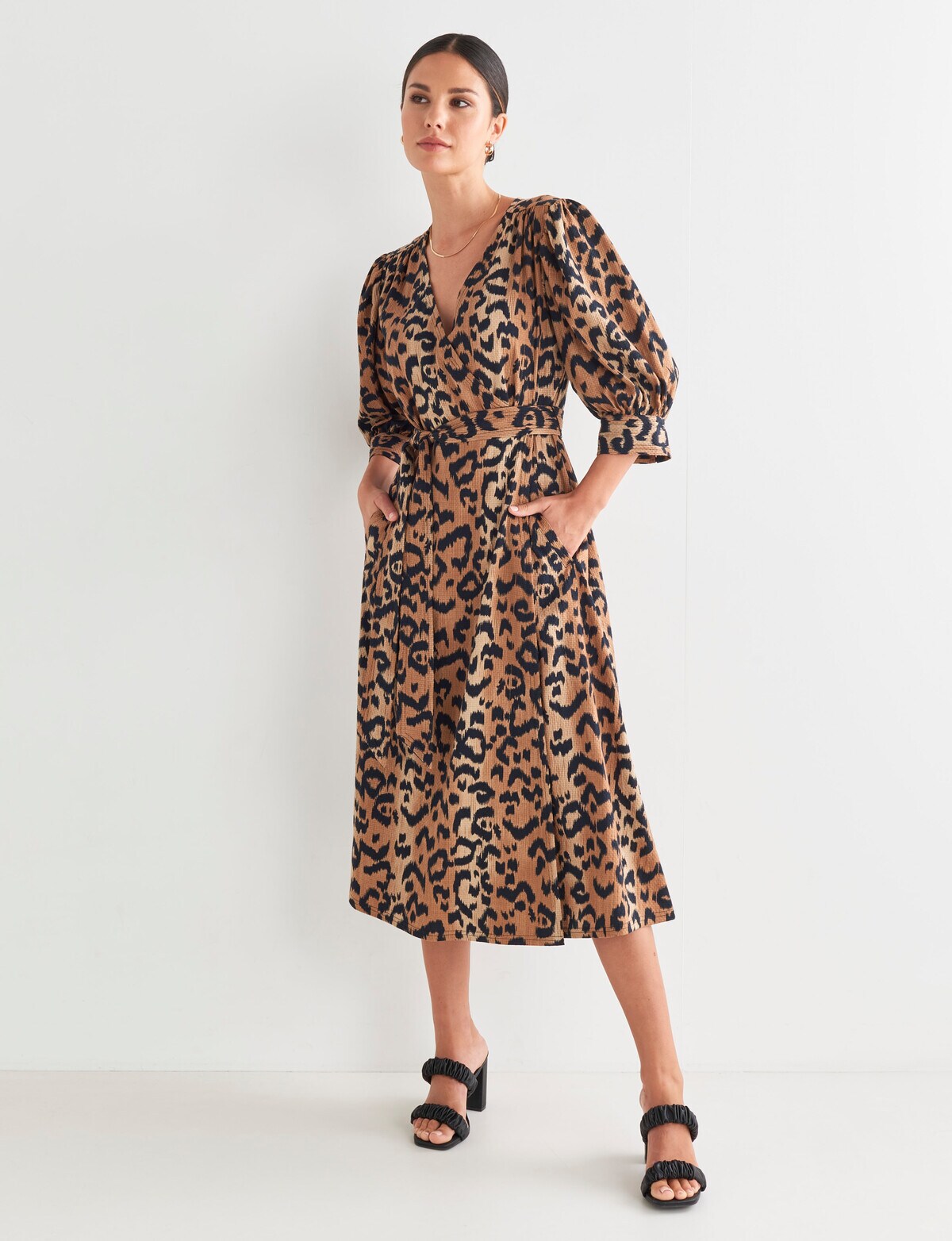 Whistle Animal Print Cotton Wrap Dress, Beige Dresses