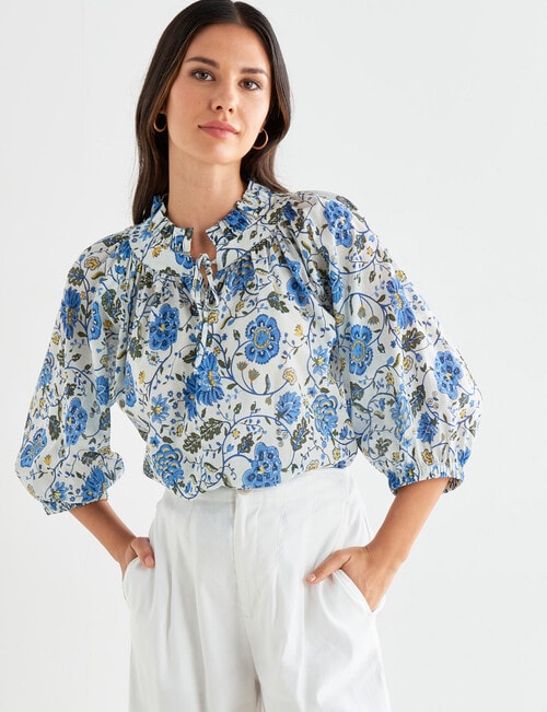 Whistle Floral 3/4 Sleeve Peasant Blouse, Indigo - Tops