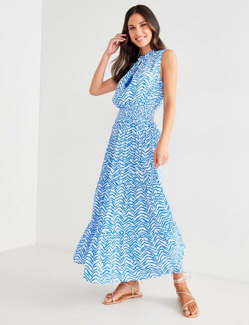Whistle Sleeveless Shirred Waist Maxi Dress, Blue Aztec Dresses