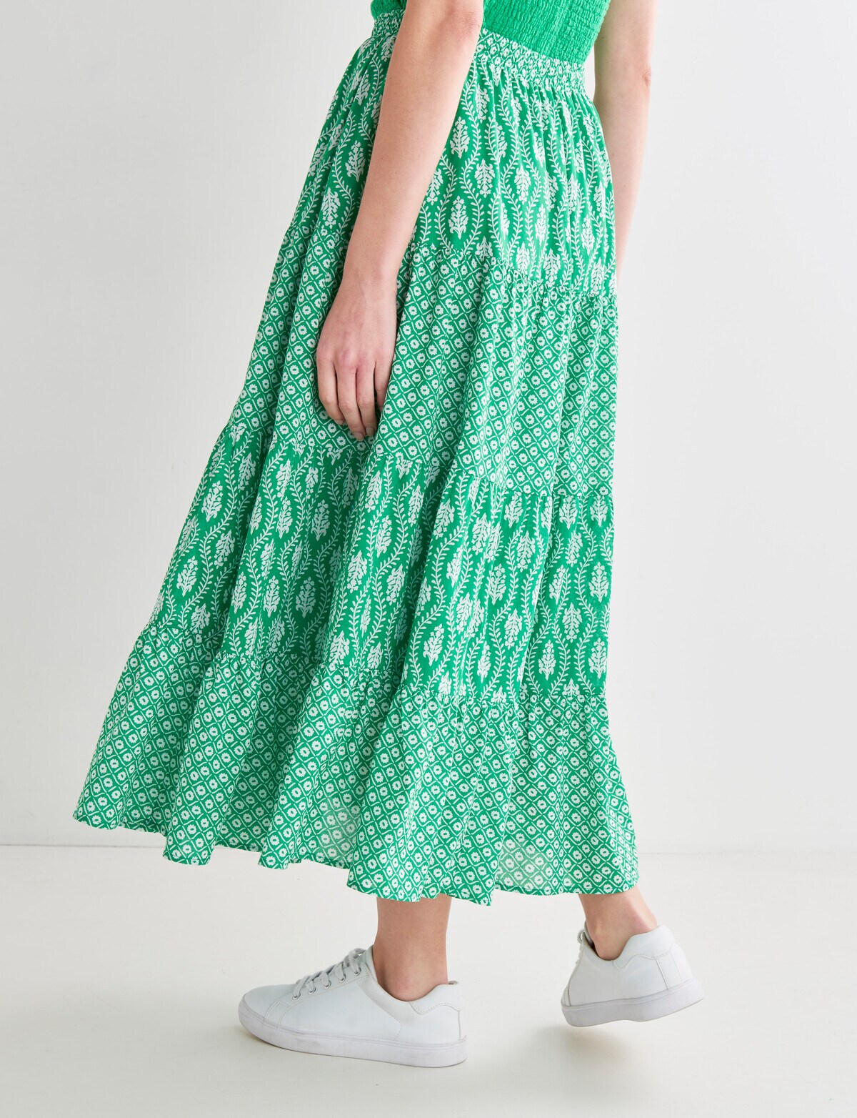 Zest Stamp Tiered Maxi Skirt, Green - Skirts