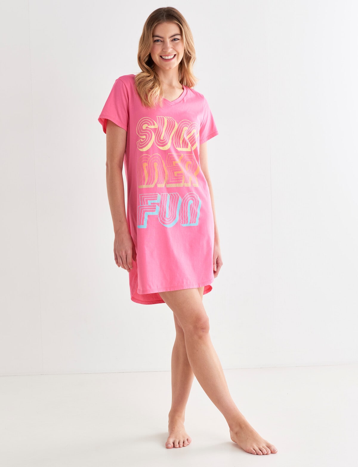 Zest Sleep Summer Fun T-shirt Nightie, Pink - Nighties
