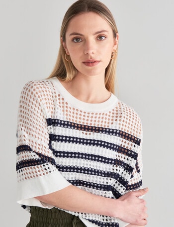 Mineral Opal Stripe Cotton Sweater, White & Midnight product photo
