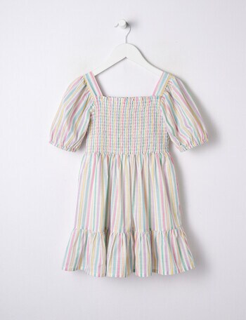 Mac & Ellie Puff Sleeve Rainbow Stripe Dress, White product photo
