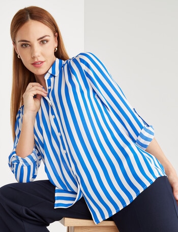 Oliver Black Long Sleeve Collar Shirt, Indigo and White Stripe product photo