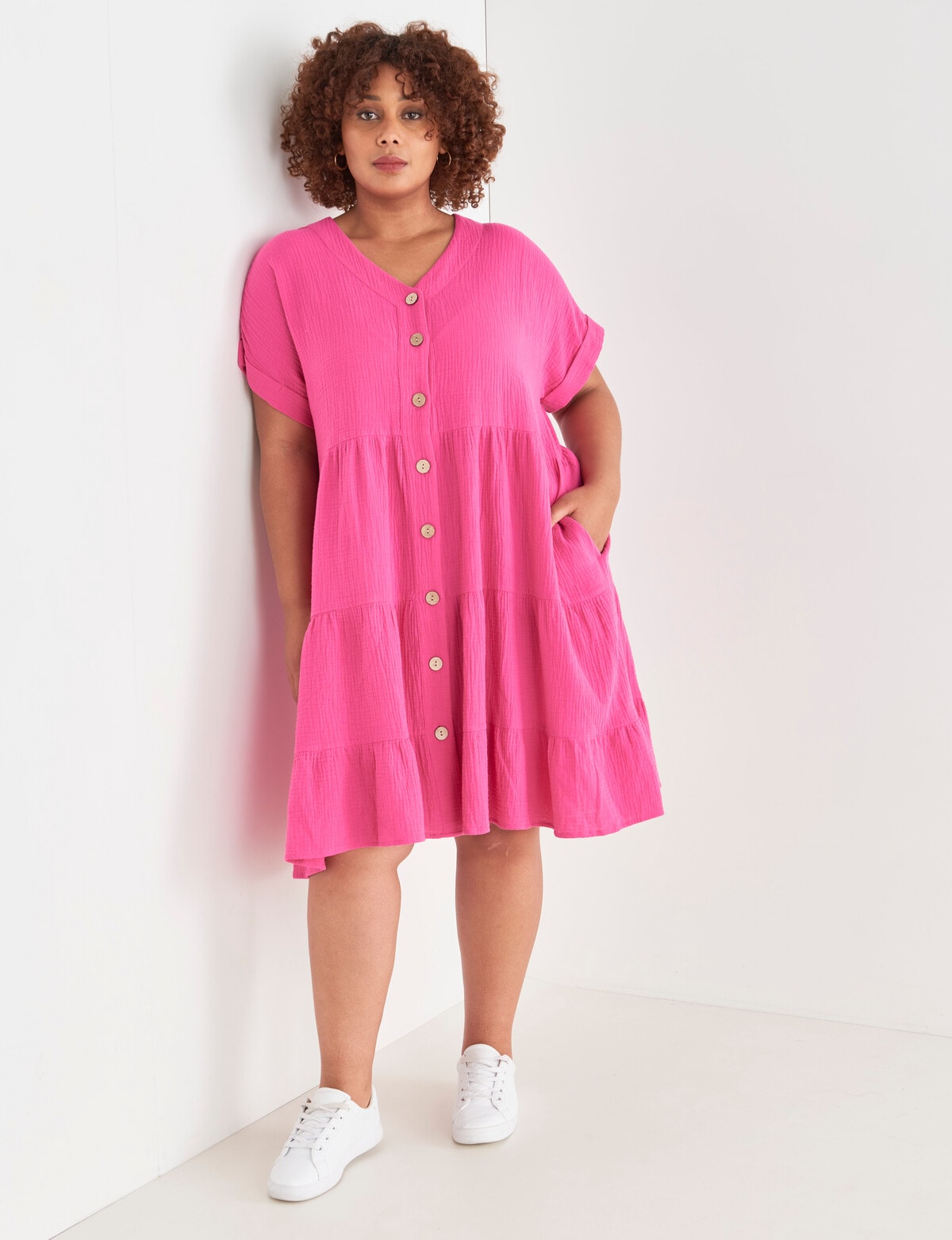 Studio Curve Button Detail Cheesecloth Dress, Pink - Dresses & Skirts