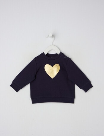 Teeny Weeny Gold Heart Crew Neck Sweatshirt, Navy product photo