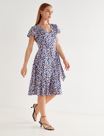 Oliver Black Flutter Sleeve Wrap Dress, Navy Summer Floral product photo