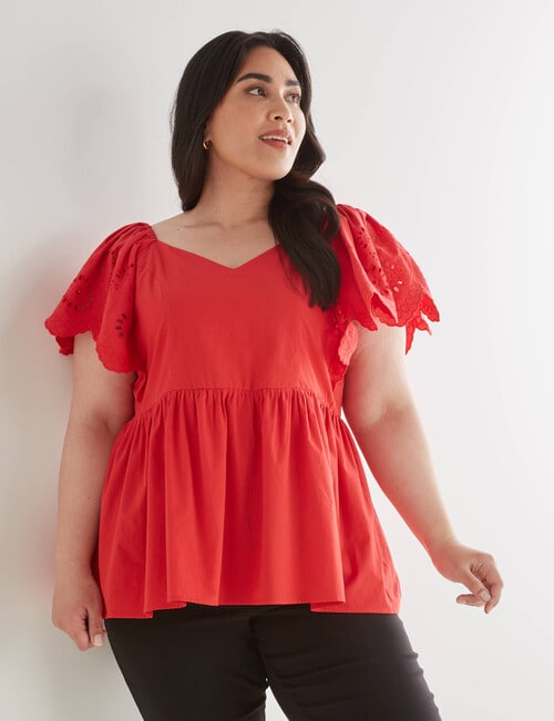 Studio Curve Broderie Anglaise Flutter Sleeve Top, Red product photo View 03 L