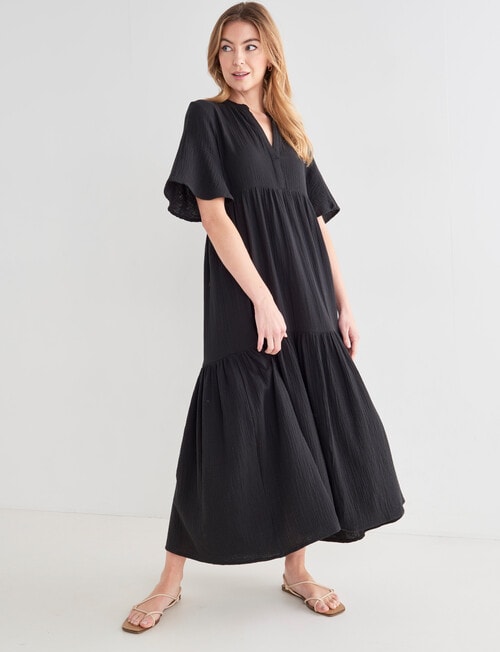 Zest Cotton Textured Maxi Dress, Black - Dresses