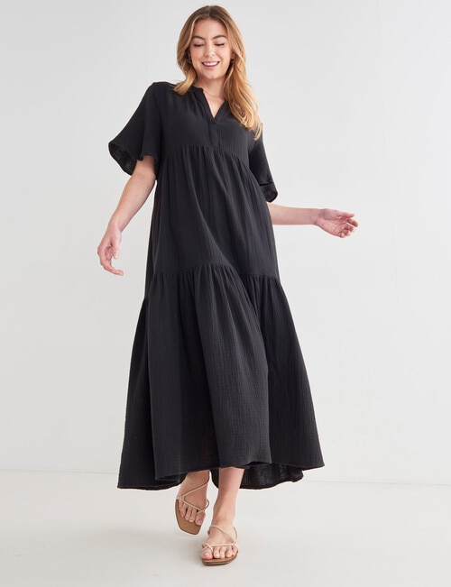 Zest Cotton Textured Maxi Dress, Black - Dresses