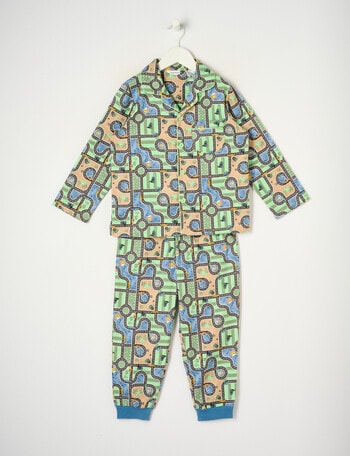 Sleep Mode Road Map Woven Flannel PJ Set, Green, 2-8 product photo